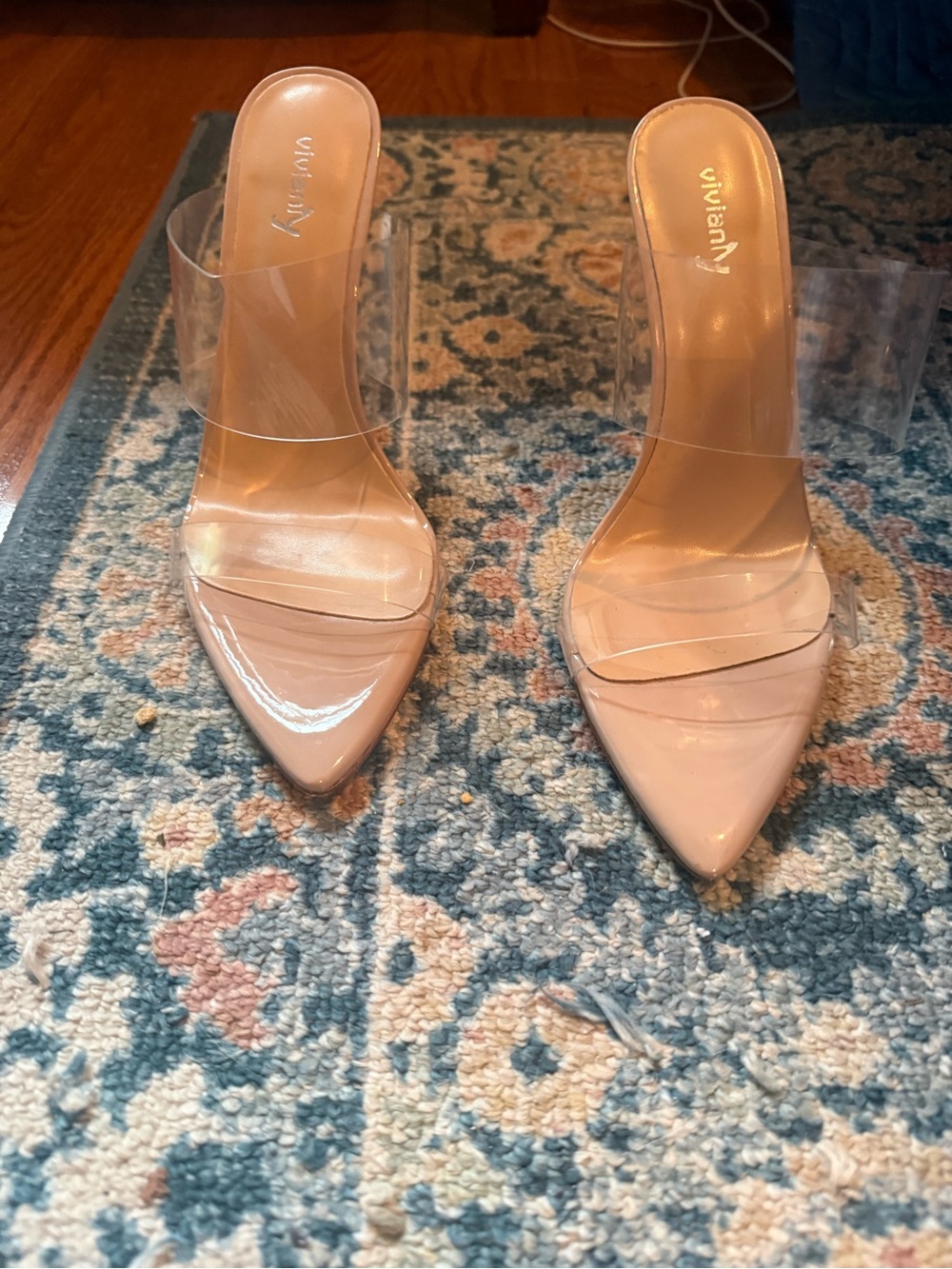 Nude Pointed Clear Strap Heels